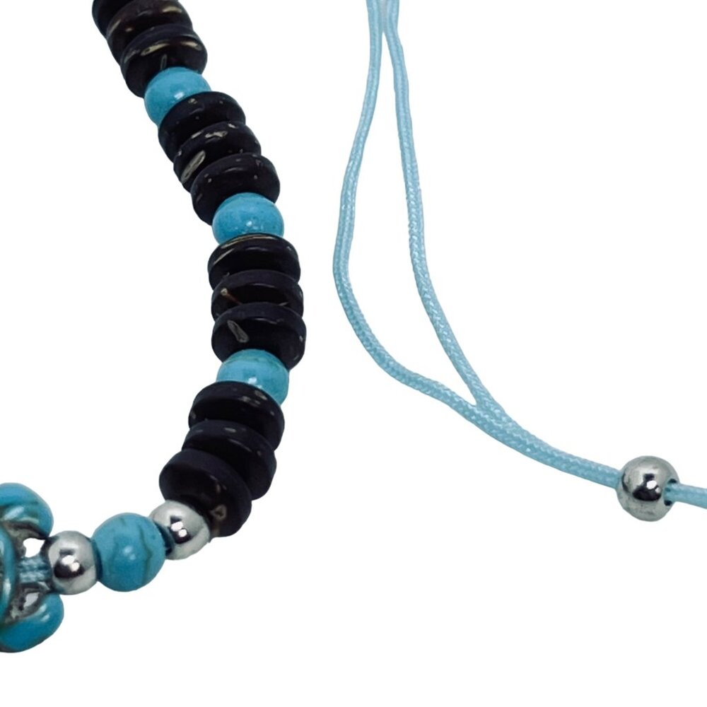 Brown Bead And Blue Faux Turquois Turtle Adjustable Ankle Bracelet (5497) - Picture 5 of 6